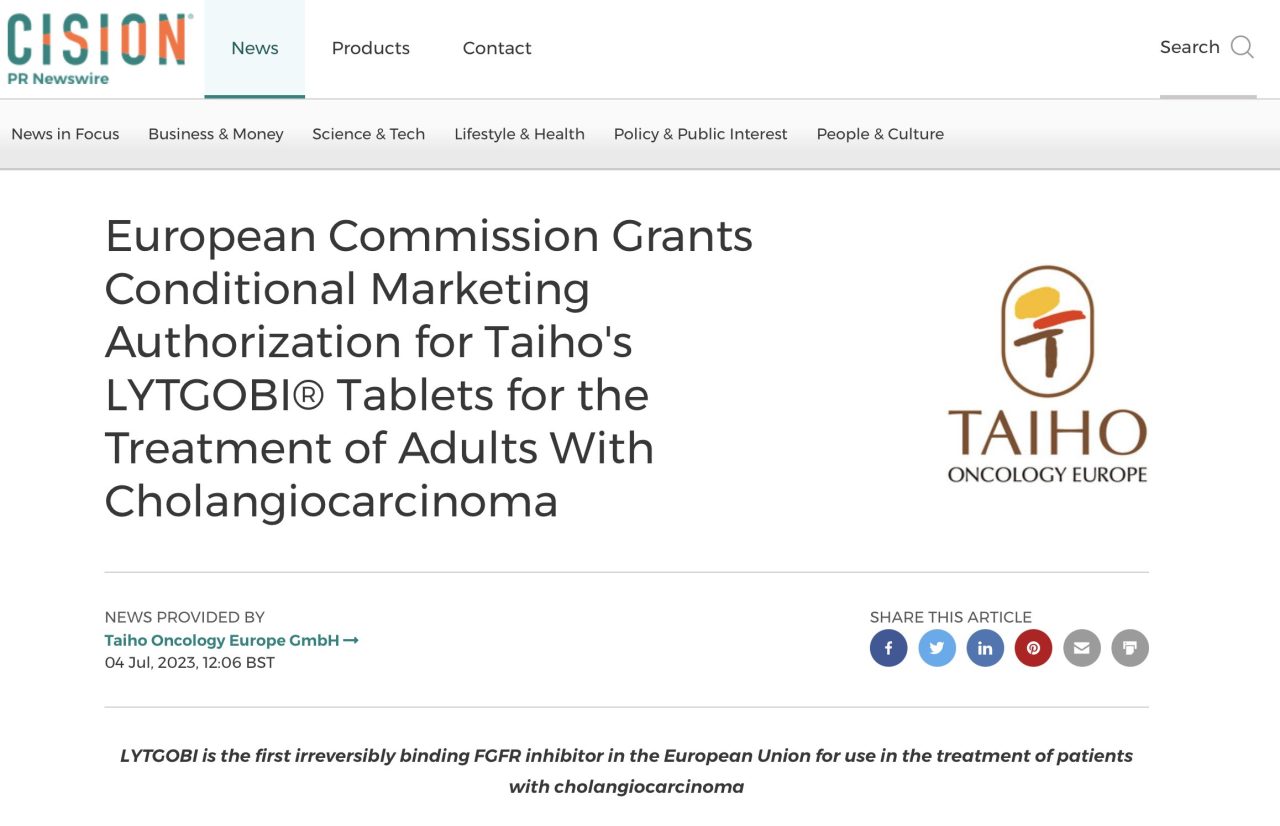 European Commission Grants Conditional Marketing Authorization for Futibatinib for the Treatment of Adults With Cholangiocarcinoma