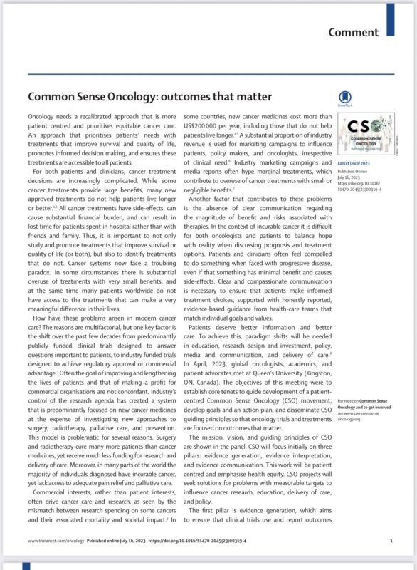 This Common Sense Oncology (CSO) manifesto is a must read for the oncology community – Nina Niu Sanford