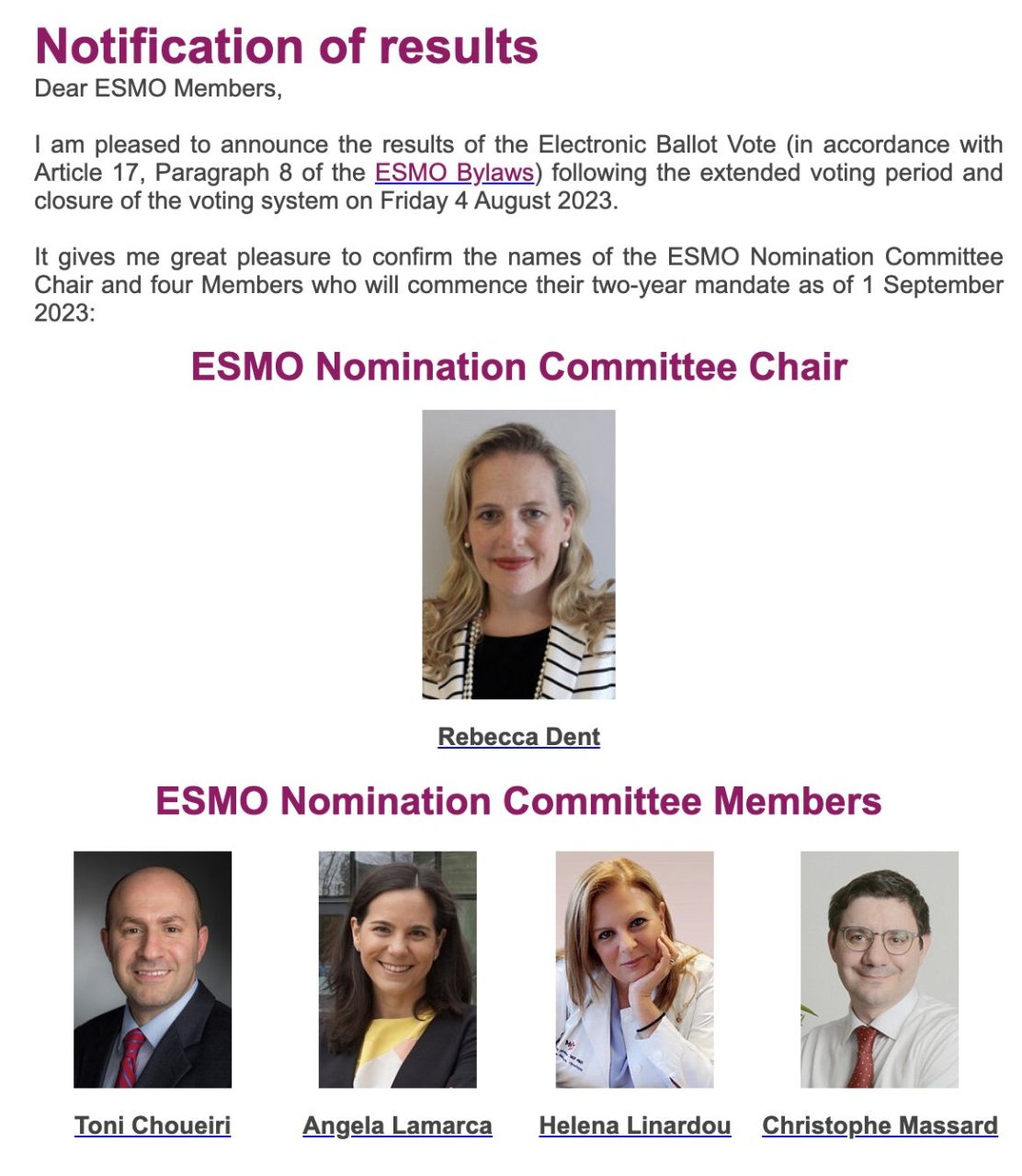Nominating committee of ESMO – Jarushka Naidoo