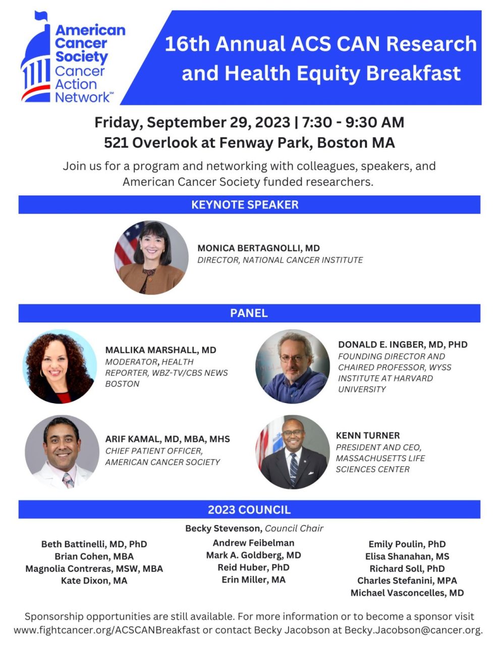 Becky Jacobson: There is still time to join us for the 16th Annual American Cancer Society Cancer Action Network (ACS CAN) Research and Health Equity Breakfast this Friday, September 29 at the 521 Overlook at Fenway Park!