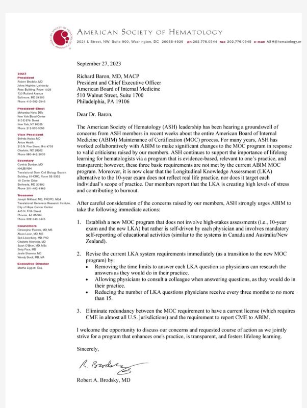 Jason Westin: Very important letter from the American Society of Hematology leadership on American Board of Internal Medicine Maintenance of Certification