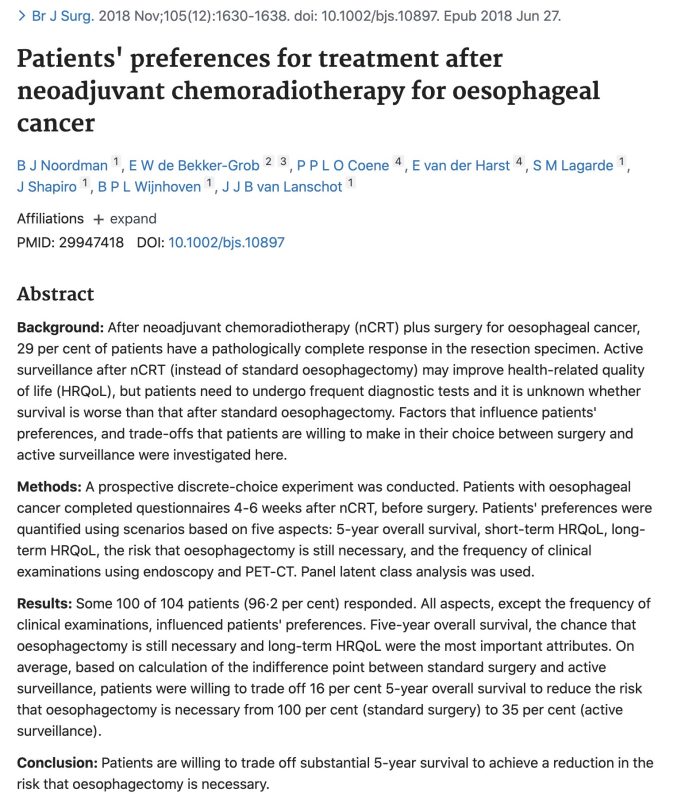 SANO trial: What do patients with esophagus cancer value?