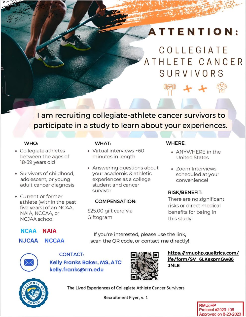 Kelly Baker: My dissertation research explores the experiences of collegiate athletes in the US diagnosed with cancer.
