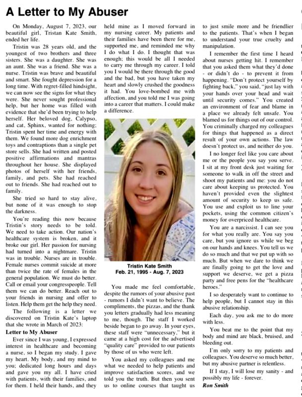 Chris Friese: The image is a letter written by a nurse who died by suicide and is a powerful indictment of her employer