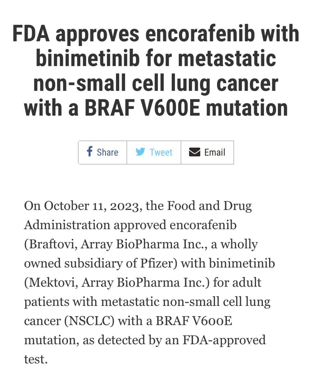 Rami Manochakian: FDA Oncology approves the combination of Encorafenib and Binimetinib for Patients with metastatic Non-Small cell Lung Cancer with a BRAF V600E mutation.