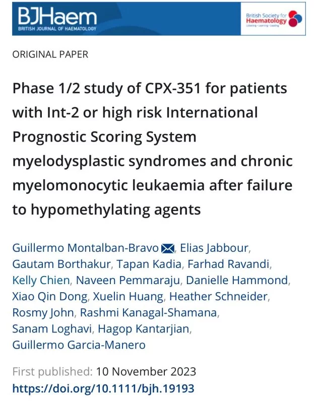 Naveen Pemmaraju: Brand new paper CPX351 for patients with HR MDS and CMML s/p HMA