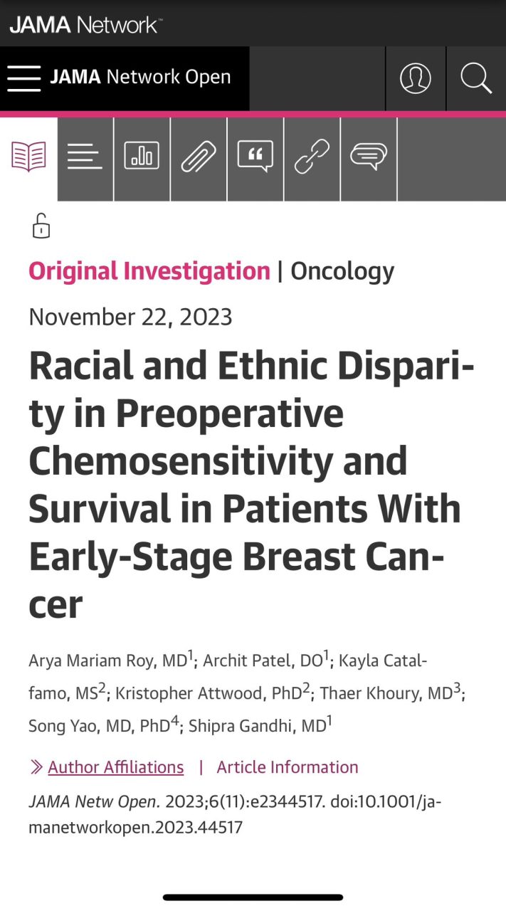Arya Roy: Our study in JAMA Network Open on preoperative chemosensitivity in early-stage breast cancer