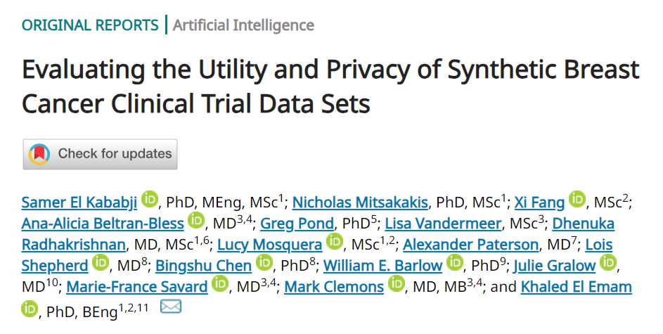 Ishwaria Subbiah: Interesting new study published in the JCO CCI evaluates the utility and privacy of synthetic breast cancer clinical trial data sets