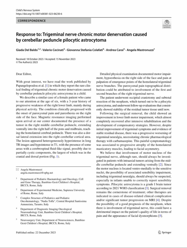 Angela Mastronuzzi: Our Letter to the Editor is out with Child’s Nervous System journal