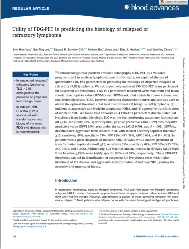 Edward Cliff: Congrats to my co-registrar Shin Wai for leading this in-depth analysis of PET radiomics to predict lymphoma relapse histology