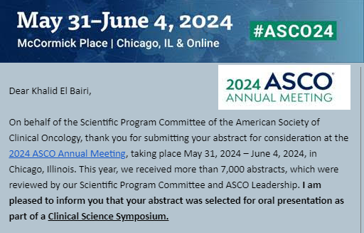 Khalid El Bairi: My abstract is accepted for an oral presentation at ASCO24