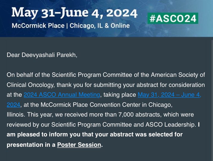 Deevyashali Parekh: Super excited to have two submissions accepted for poster presentations at my first ASCO 24!