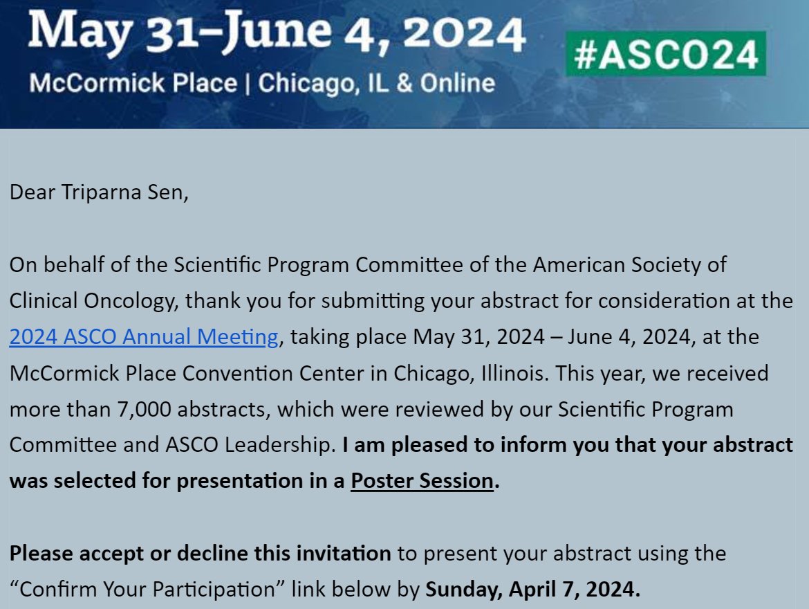 Triparna Sen: Thrilled to share that my very first submission was accepted for poster presentation at ASCO24
