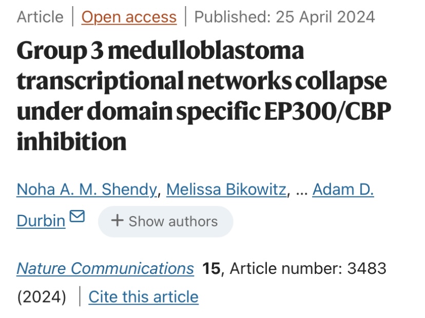 Jun Qi: Our article on EP300/CBP bromodomain inhibition in Group 3 medulloblastoma is now published