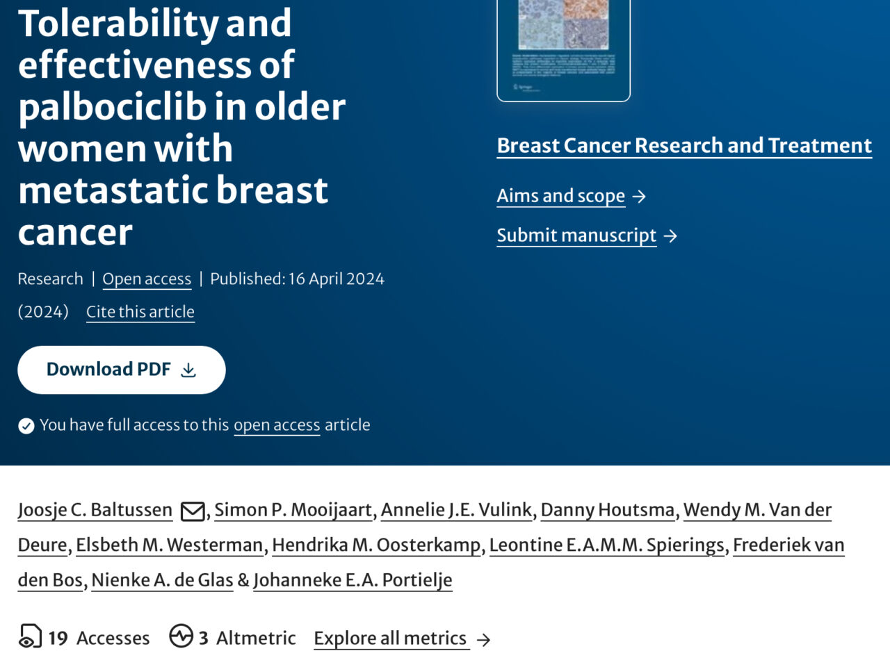 Joosje Baltussen: Our article studying tolerability and effectiveness of Palbociclib in older women with metastatic breast cancer
