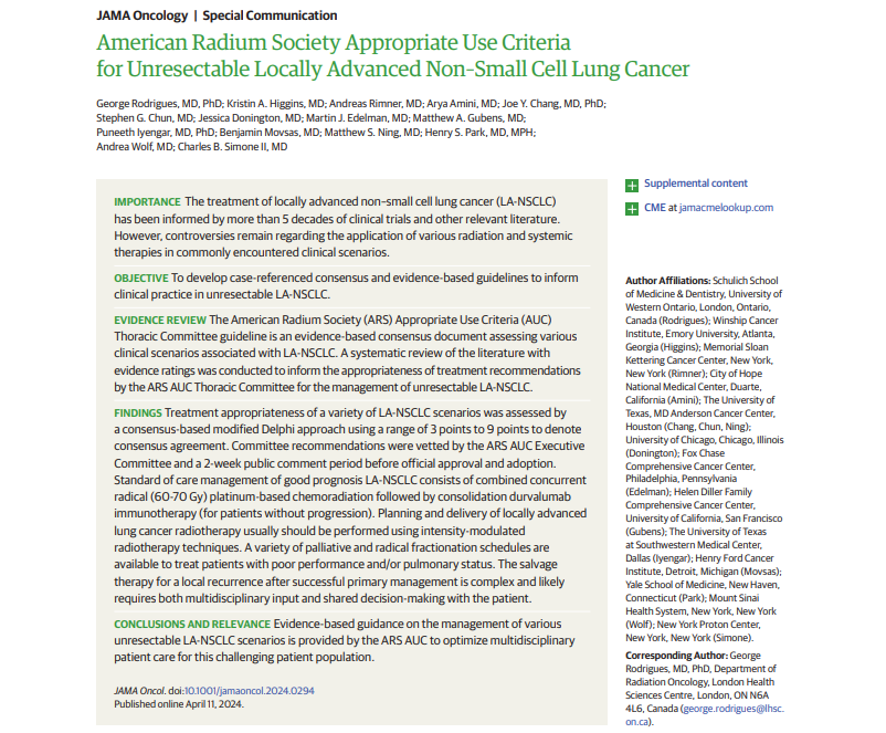 American Radium Society Appropriate Use Criteria Thoracic Committee provided guidance on the management of unresectable locally advanced NSCLC – MSK Radiation Oncology