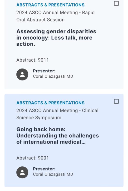 Coral Olazagasti: I can finally share that BOTH of my abstracts were accepted for oral presentations at ASCO24