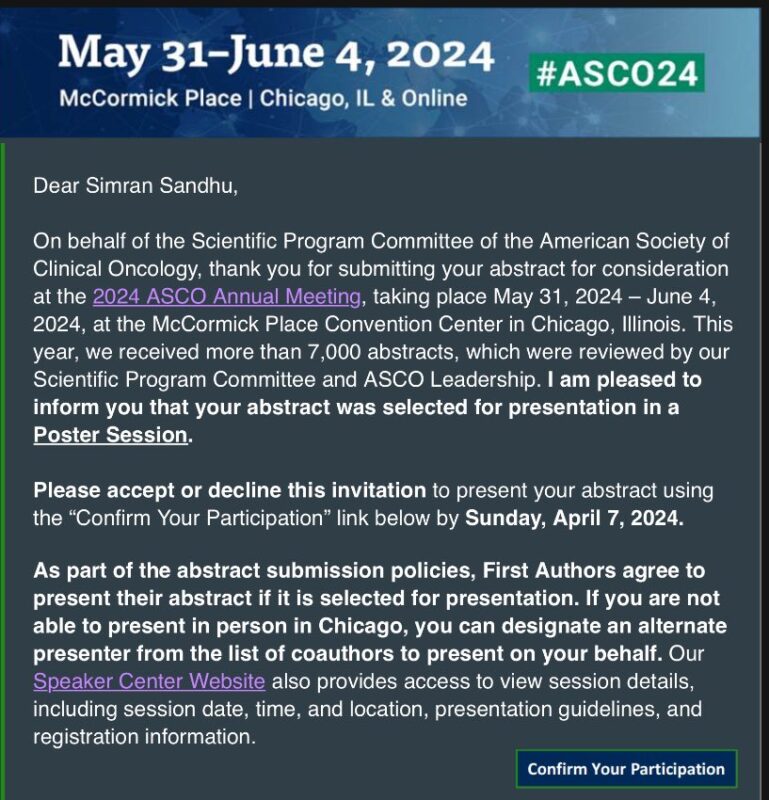 David W. Lim: Really proud of my mentee Simran Sandhu for getting her abstract accepted for poster presentation at ASCO24