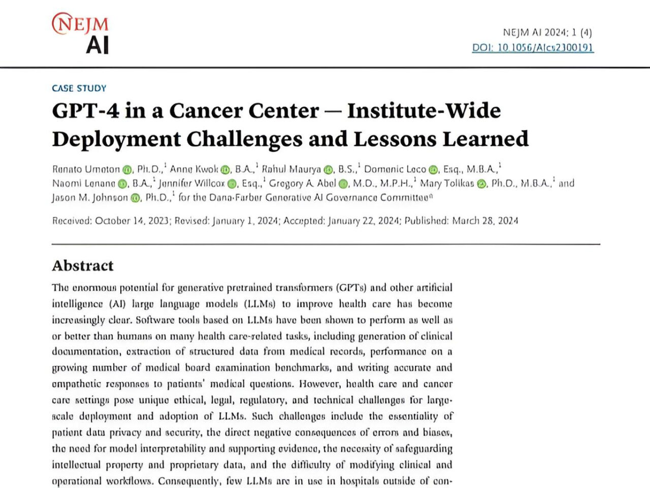 Douglas Flora: NEJM AI and the team at Dana-Farber Cancer Center just published a great case study in which they revealed some insights following the (careful) deployment of generative AI