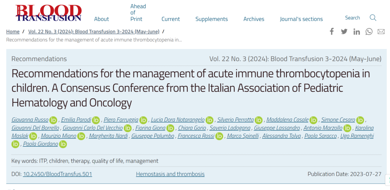Recommendations for the management of acute immune thrombocytopenia in children by Russo et al – AIEOP