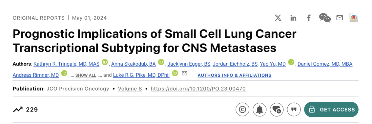 Analysis of SCLC transcriptional factor subtypes finds differential CNS-specific outcomes – Memorial Sloan Kettering Radiation Oncology