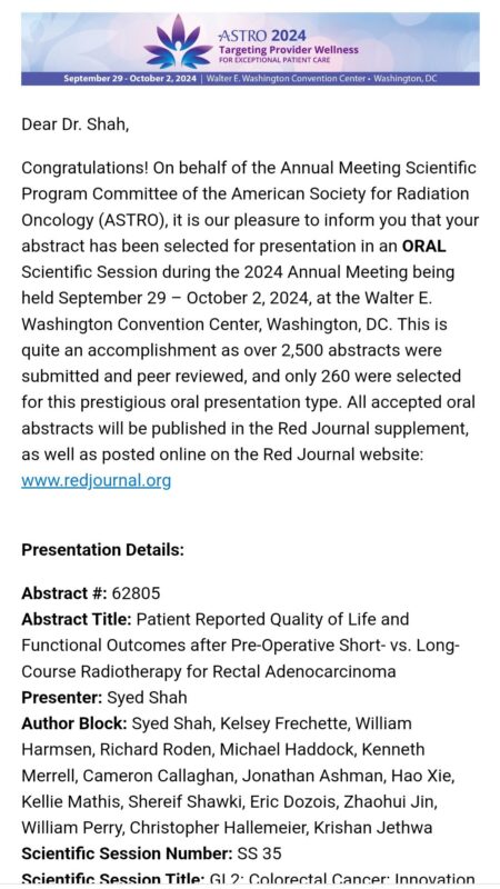 Syed Naseem Shah: Our abstract got accepted for an oral presentation at ASTRO