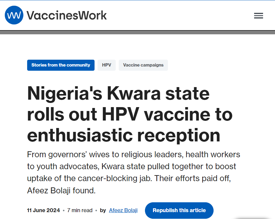 Omolewa Ahmed: Delighted to see Gavi Alliance’s article on Successful HPV vaccine rollout in Kwara State