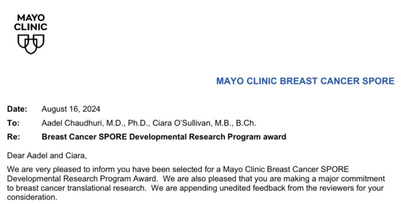 Aadel Chaudhuri: Thrilled for this Breast Cancer Spore DRP Award with Ciara O’Sullivan