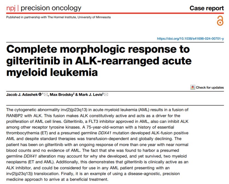 Jacob Adashek: Can Gilteritinib achieve a complete morphologic response in ALK-rearranged acute myeloid leukemia?