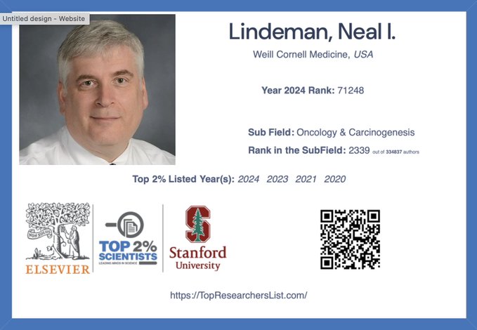 Congratulating Neal Lindeman on being named to Stanford University's list of "World's Top 2%" scientists - Weill Cornell Medicine Pathology