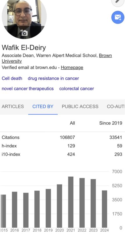 Wafik S. El-Deiry's Career citations exceed 100,000 in Google Scholar