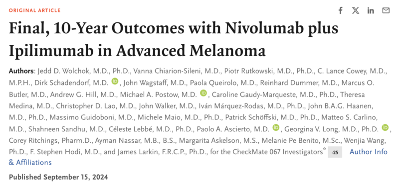Median overall survival in melanoma with nivolumab plus ipilimumab ...