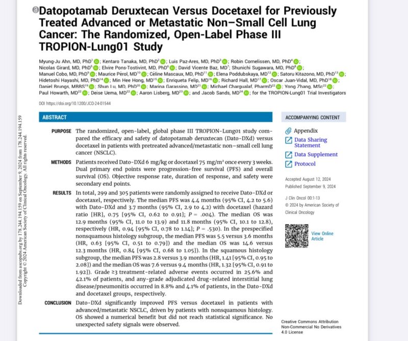 Datopotamab deruxtecan vs docetaxel for previously treated advanced NSCLC