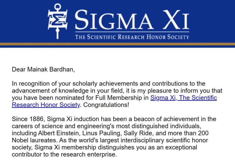 Mainak Bardhan has been nominated for Full Membership in Sigma Xi