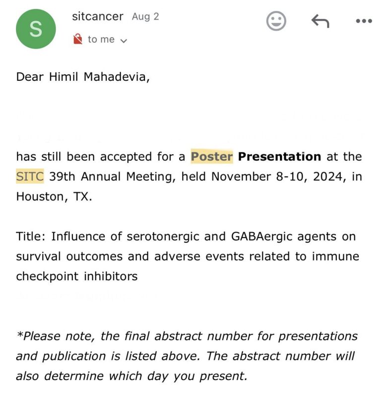 Himil Mahadevia: Our research project was accepted for poster presentation at SITC