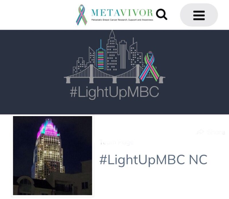 The Wells Fargo Building in Charlotte NC will be illuminated in teal, pink, and green for National Metastatic BC Awareness Day