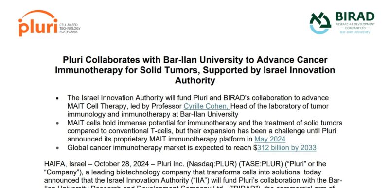 Yaky Yanay: Pluri will be collaborating with BIRAD to advance cancer immunotherapy for solid tumors