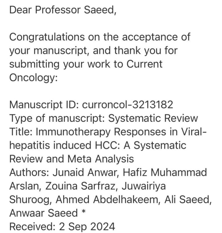 Junaid Anwar: Glad to receive acceptance from Current Oncology