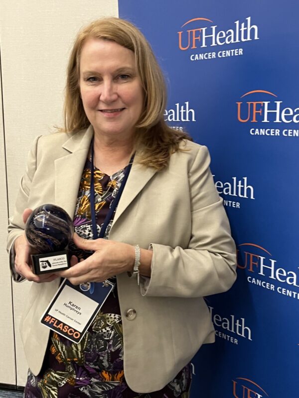 Karen Humphreys won the Advocate of the Year from the Florida Society of Clinical Oncology - UF Health Cancer Center