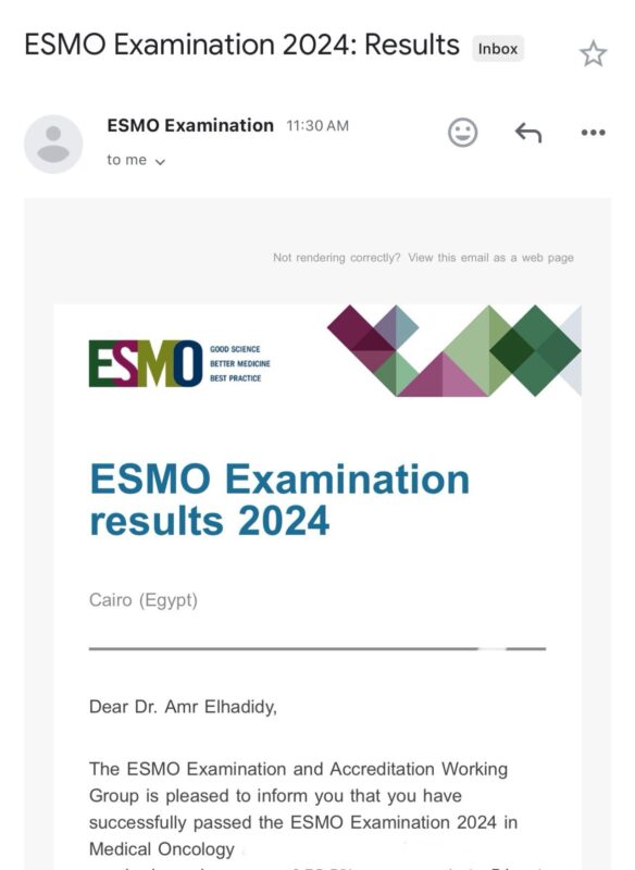 Amr M.Elhadidy: Successfully passed the ESMO examination 2024