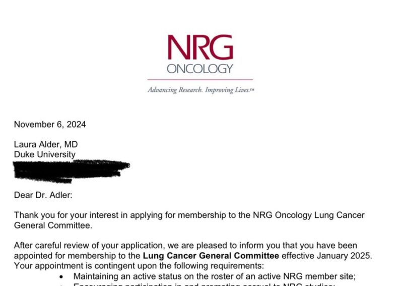 Laura Alder: Excited to be joining NRG Oncology and serve on the Lung Cancer Comittee