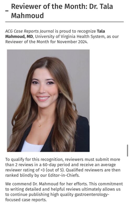 Tala Mahmoud: Honored to be selected as Reviewer of the Month by ACGCRJ