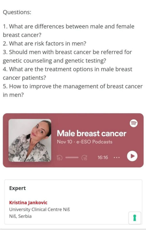 Kristina Jankovic: Honored to record a podcast about Male Breast Cancer with ESO Oncology