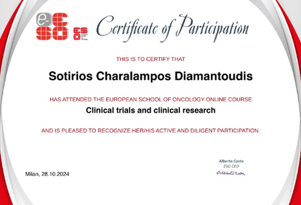 Sotirios Charalampos Diamantoudis: Great course on Clinical Trials and Clinical Research by European School of Oncology