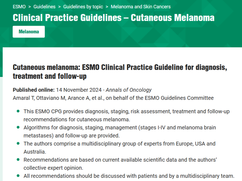 Updated ESMO Clinical Practice Guideline on Cutaneous Melanoma