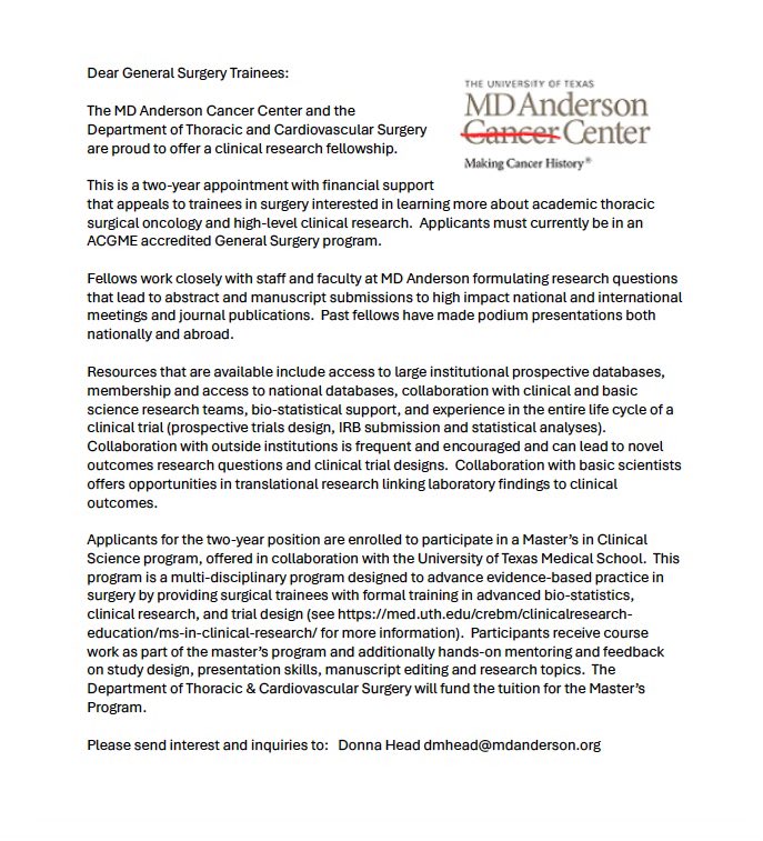 Mara Antonoff: The MD Anderson Cancer Center and the Department of Thoracic and Cardiovascular Surgery offer a clinical research fellowship