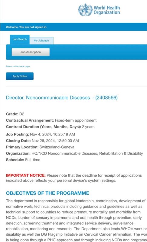 WHO is seeking for a new Director of NCDs, Rehabilitation and Disability