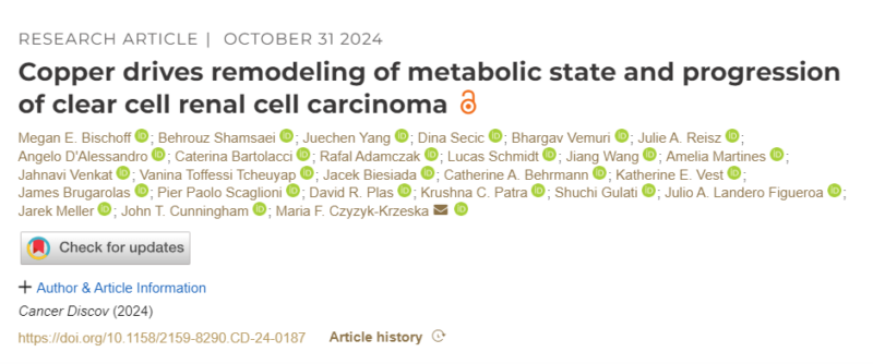 Copper Drives Remodeling of Metabolic State and Progression of ccRCC