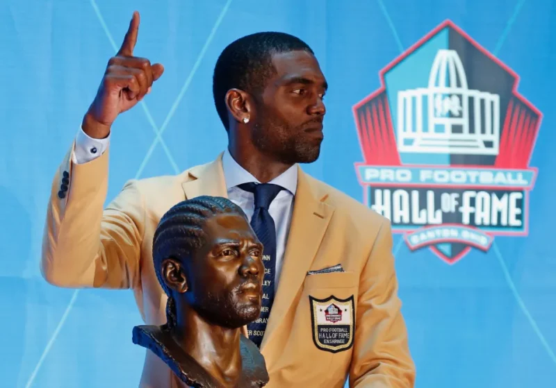 Randy Moss and his Hall of Fame gold jacket spent part of Sunday in his native West Virginia. (AP)