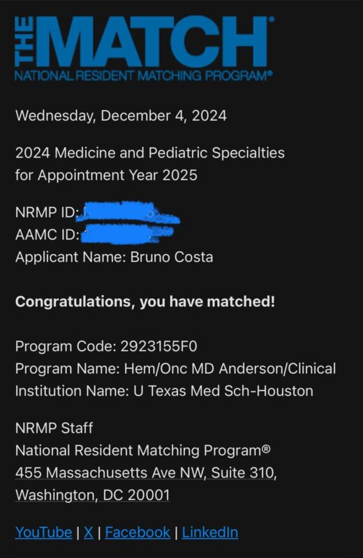 Bruno A. Costa: I matched into Hem/Onc fellowship at MD Anderson Cancer Center